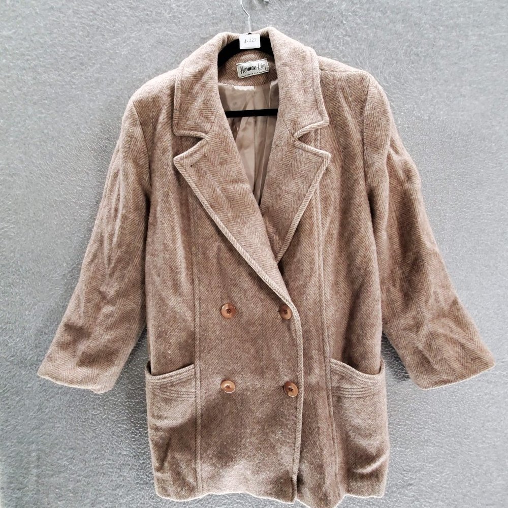 VINTAGE Herman Kay Women Pea Coat Large Beige 100% Pure Wool‎ Button Up READ